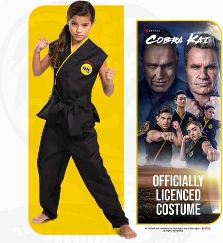 Vista 2 de Disfraz de Cobra Kai para niños, disfraz oficial de Cobra Kai para niños con cinturón negro, Negro