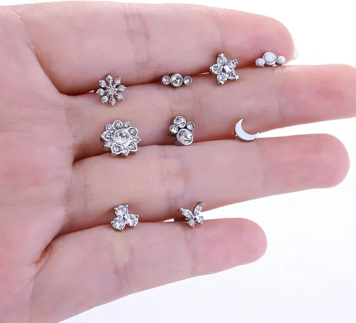 Vista 7 de Florideco 9 anillos de labios de acero inoxidable de 16 G, aretes de labret Monroe, anillo de labio de circonita cúbica, ópalo de nariz, aretes