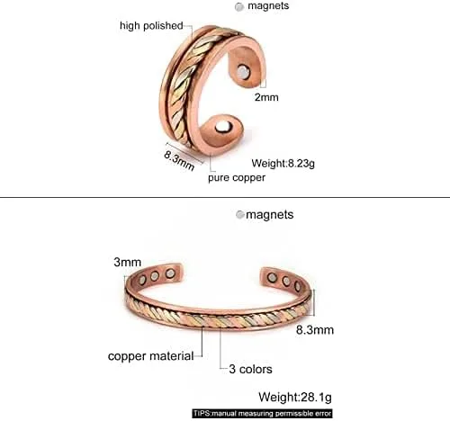 Vista 2 de Juego de joyas de cobre magnético con anillo de energía curativa para mujer, brazalete ajustable, brazaletes C (tipo 2)