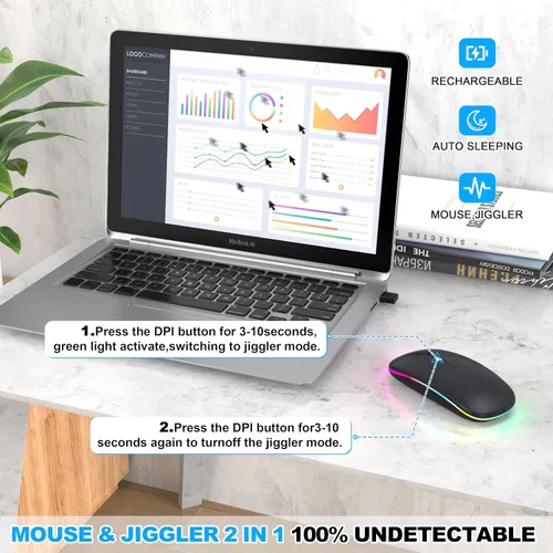 Vista 4 de Mouse inalámbrico Bluetooth para MacBook Air Mac Pro iPad, mouse silencioso recargable LED con receptor USB-A/USB-C de 2.4 GHz y mouse jiggler, Negro