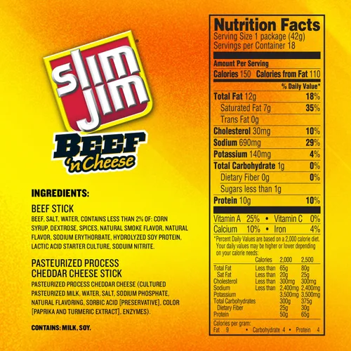 Vista 7 de Slim Jim Beef & Cheese Stick, sabor suave, 1.5 oz. 18Contado, paquete de 6