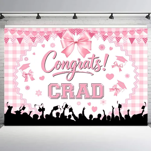 Vista 12 de Telón de fondo de graduación de 5 x 3 pies para sesión de fotos, globos negros y dorados, felicitaciones, graduados, clase de 2025, felicitaciones