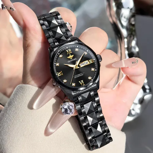 Vista 9 de OLEVS Reloj automático para mujer, color azul, dos tonos, fecha, reloj mecánico, calendario, reloj de pulsera impermeable con diamantes
