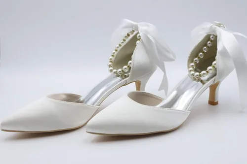Vista 8 de Pointed Toe Pearl Satin Wedding Shoes for Bride Low Heel Bridal Shoes for Women Satin Heels Prom Party Shoes 1608-28