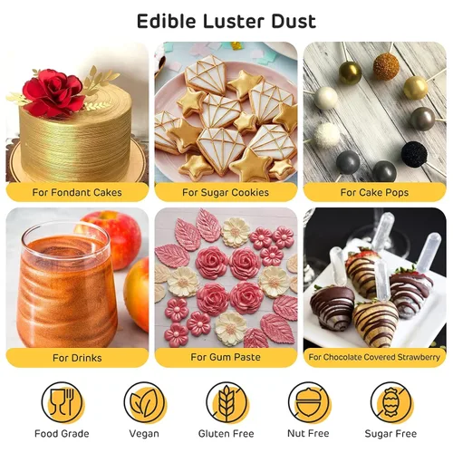 Vista 5 de Aceite aromatizante alimenticio (paquete de 12) y polvo lustre comestible, 0.28 oz de polvo dorado para tartas de grado alimenticio