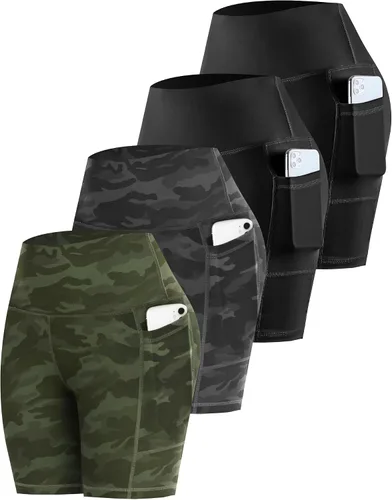 Vista 48 de CHRLEISURE - Pantalones cortos de ciclismo para mujer con bolsillos de licra, cintura alta, con control de abdomen para entrenamiento, yoga