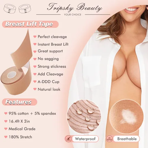 Vista 2 de Tripsky XL Breast Lift Tape, BoobTape for Large Breasts,Body Tape for Fashion,Athletic Tape Boobytape &NippleCover for A-GCup