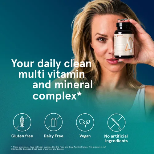 Vista 4 de Puori Complejo vegano multivitamínico y mineral para hombres y mujeres, multivitaminas mezcladas con 13 vitaminas esenciales y 9 minerales