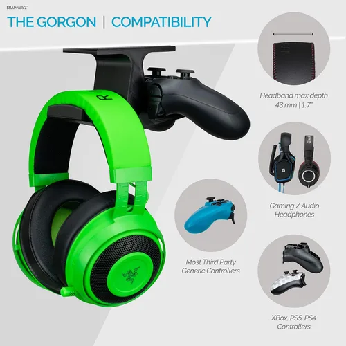 Vista 5 de BRAINWAVZ The Gorgon - Under Desk Game Controller & Headphone Holder for XBOX, PS4, PS5, Series One, Steelseries, PC & Most Gamepads & Headsets