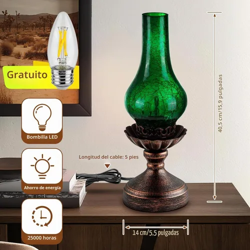 Vista 6 de Lámpara de mesa vintage con pantalla de cristal agrietado verde, control táctil y regulable de 3 vías, lámpara de noche rústica retro