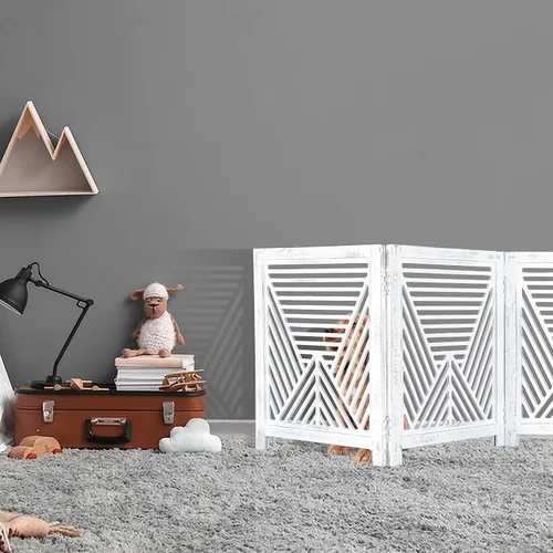 Vista 3 de Lightnpro Valla de madera geométrica para mascotas - Puerta de seguridad plegable independiente para perros, cachorros y mascotas pequeñas, valla