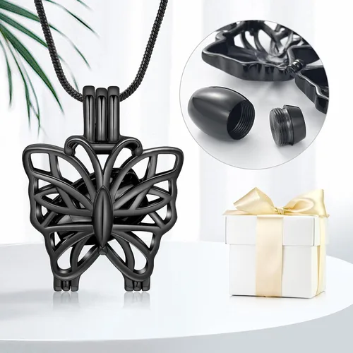 Vista 4 de Collar de urna de mariposa para cenizas, colgante de mariposa, collar de recuerdo de cremación para mujer Negro