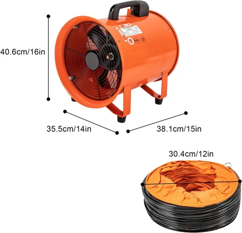 Vista 8 de Ventilador de escape utilitario, 12 pulgadas, 520 W 2295 CFM, ventilador portátil de alta velocidad, bajo ruido con manguera de conducto de 16 pies