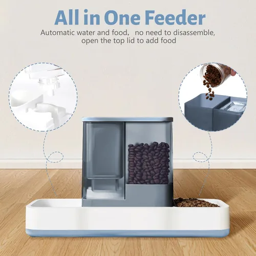 Vista 3 de Yummy Sam Alimentador automático para mascotas pequeñas y dispensador de agua, 2 en 1 por gravedad para gatos, juego de comedero automático para Azul