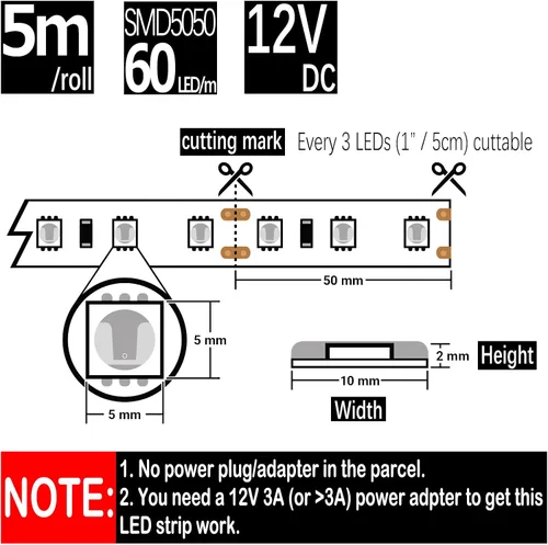 Vista 2 de Tira de luces LED impermeable verde, 16 pies/5 m SMD5050 300 LEDs DC12V cinta LED flexible y cortable (sin adaptador/enchufe de 12V)