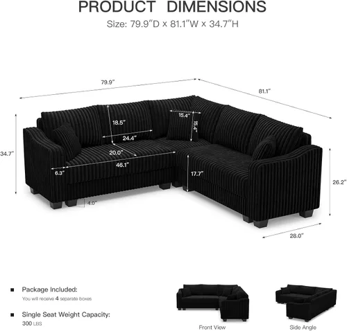 Vista 2 de Belffin - Sofá seccional convertible con chaise, sofá seccional en forma de L, sofá reversible de esquina tapizado para sala de estar, de corduroy