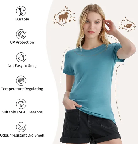 Vista 3 de Merino Protect Camisetas 100% de lana merino para mujer, cuello redondo, manga corta, resistencia al olor, capa base, viajes, senderismo, camiseta