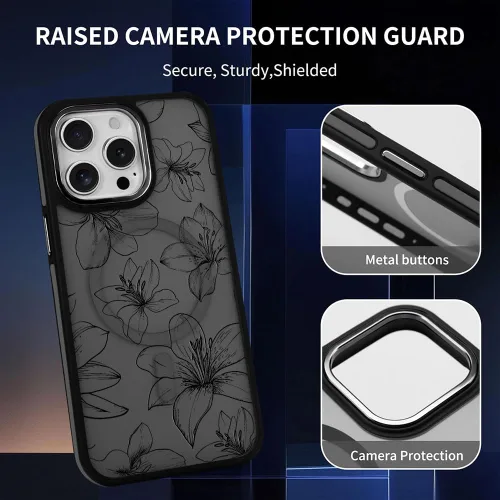 Vista 6 de DAIZAG Funda magnética para iPhone 13, [esquinas a prueba de golpes] [compatible con MagSafe], funda negra translúcida mate, estética floral de flor
