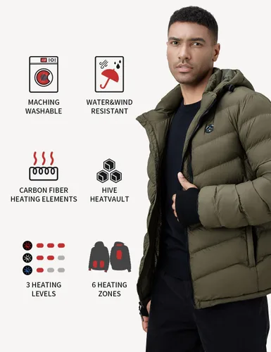 Vista 3 de iHood Men's Heated Jacket With 12V Battery Pack-Insulated Lightweight Hooded Hand-Heating Electric Heated Puffer Jacket
