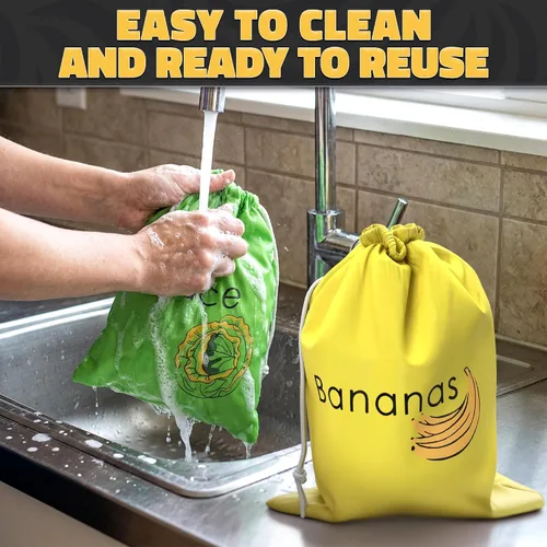 Vista 9 de Bolsas de producción reutilizables para plátanos y lechuga frescas – Bolsas de almacenamiento para verduras y frutas con forro de aluminio