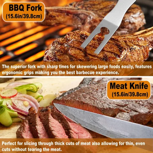 Vista 6 de POLIGO 28 accesorios para asar en bolsa con inyector de carne, garras de barbacoa, esteras, termómetro para ahumador, juego de utensilios de Negro