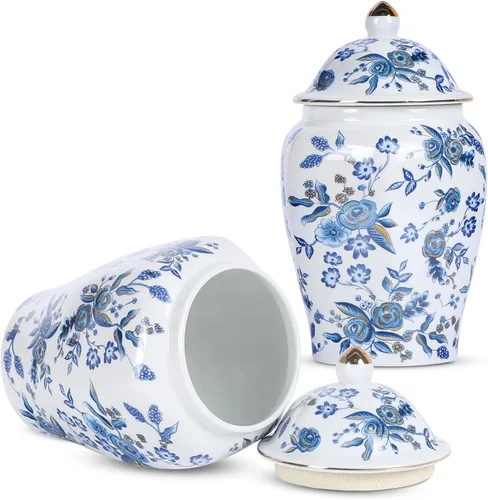 Vista 12 de XINGYAN Chinoiserie - Juego de 3 tarros de jengibre, porcelana china azul y blanca, tarro de almacenamiento decorativo para el hogar con tapa