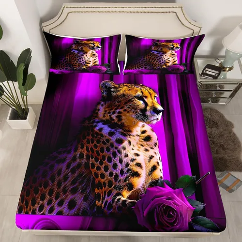 Vista 44 de Erosebridal Juego de sábanas bajeras de rosas rojas y leopardo, tamaño individual, diseño de animales africanos salvajes, diseño de plantas