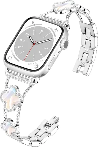 Vista 21 de wipalor Correa de trébol de cuatro hojas para Apple Watch para mujer de 42mm 41mm 40mm 38mm, correas delgadas iWatch para mujer, correas metálicas