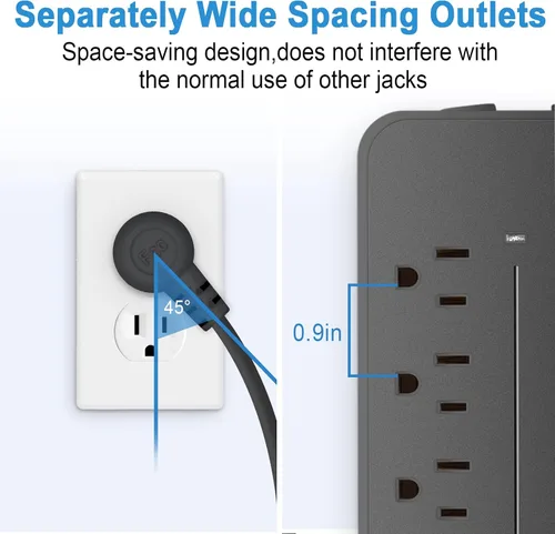 Vista 6 de Cable de extensión con protector de sobretensiones – Barra de alimentación trenzada de enchufe plano con 8 tomas amplias y 4 puertos USB (1 USB C)