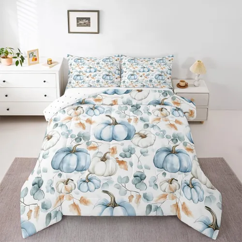 Vista 28 de Erosebridal Juego de edredón individual de pavo de Acción de Gracias, juego de ropa de cama de calabaza con hojas de otoño para niños y adultos