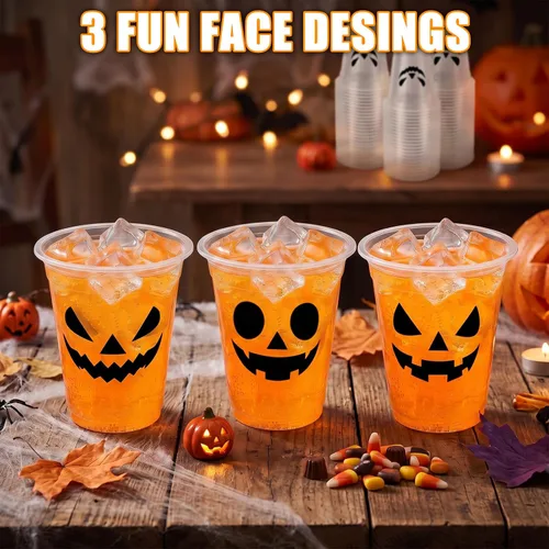 Vista 3 de 50 Pcs Halloween Plastic Cups 12oz Black Pumpkin Face Disposable Clear Cups Set with 3 Styles Patterns for Halloween Trick or Treat Birthday Party