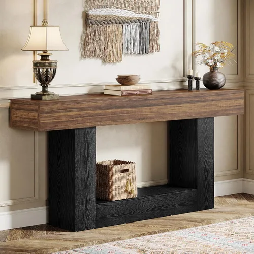 Vista 15 de Tribesigns Mesa consola de 63 pulgadas, mesa de entrada de 2 niveles con base en forma de U, mesa de sofá estrecha y larga de madera detrás del sofá
