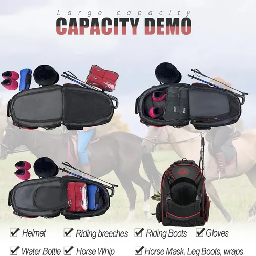 Vista 5 de WOLT Mochila ecuestre profesional para equitación, bolsa de equipo con soporte para casco y múltiples compartimentos