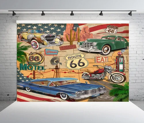 Vista 11 de BELECO Telón de fondo de fotografía con temática Route 66, tela de 5 x 3 pies, diseño retro de mapa de carretera, motel, motocicleta, autos, Arizona