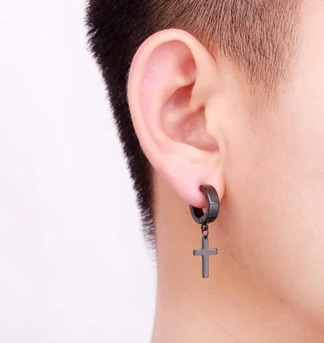 Vista 4 de Juego de aretes de cruz de acero inoxidable para hombres y mujeres, aretes colgantes con bisagras para hombres y mujeres, plata, oro, negro