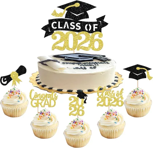 Vista 23 de Paquete de 24 adornos para cupcakes de clase de 2026 con purpurina 2026 para diploma de graduación 2026, selecciones para cupcakes para graduación