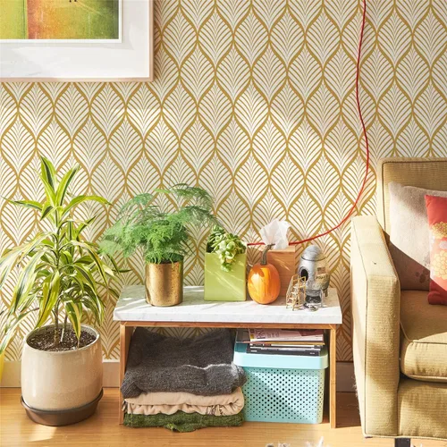 Vista 5 de Papel Tapiz Bohemio Dorado Despegar y Pegar Papel Tapiz Geométrico Autoadhesivo Papel de Contacto Vinilo Removible para Baño Cocina Sala de Estar