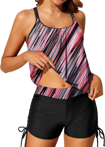 Vista 3 de Yonique Traje de baño tankini de dos piezas con tirantes delgados para mujer con pantalones cortos cruzados