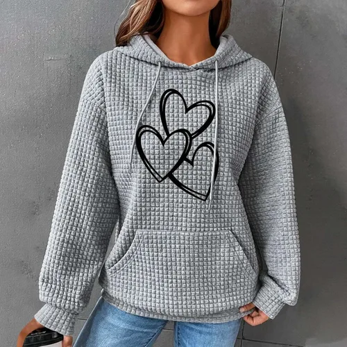 Vista 2 de Sudadera con capucha estampada a cuadros para mujer, con cordón y bolsillos, blusa suelta a la moda, ropa diaria de otoño