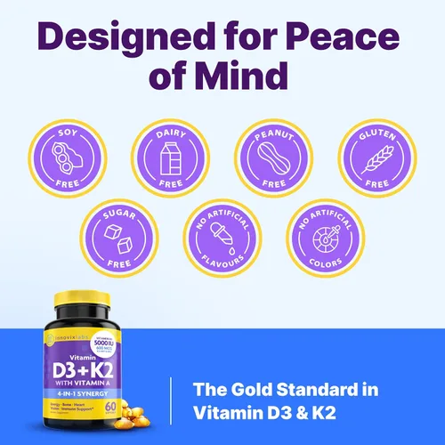 Vista 6 de InnovixLabs Vitamina D3 K2-5000 IU Vitamina D3 Plus 600 mcg Vitamina K2 MK4 y MK7 para la máxima absorción de calcio, apoya la salud ósea, inmune