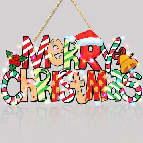 Vista 7 de Letrero de puerta con texto en inglés "Merry Christmas", decoración de árbol de Navidad, adorno de madera para colgar cabina de fotos con cuerdas