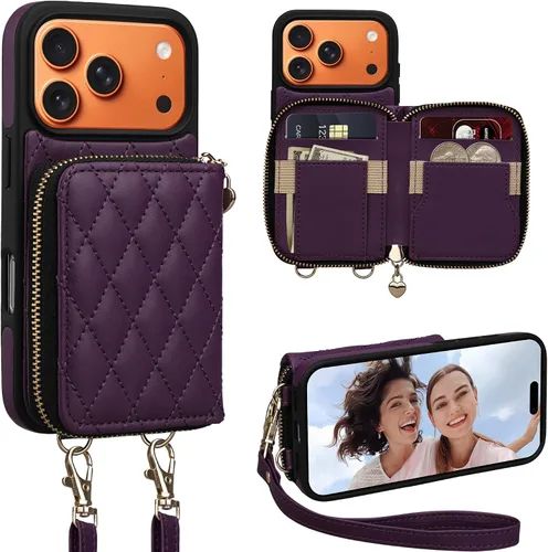 Vista 57 de Funda para iPhone 12 Pro/iPhone 12 de 6.1 pulgadas, cartera cruzada con cremallera para mujer, tarjetero con bloqueo RFID, funda de cuero con Negro