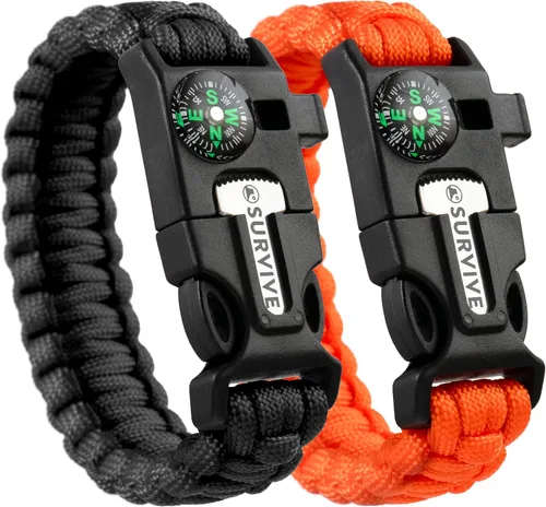 Vista 8 de SURVIVE Pulsera paracord, paquete de 2, kit de supervivencia para emergencias de senderismo, encendedor, brújula, silbato, 3 tamaños de muñeca negro
