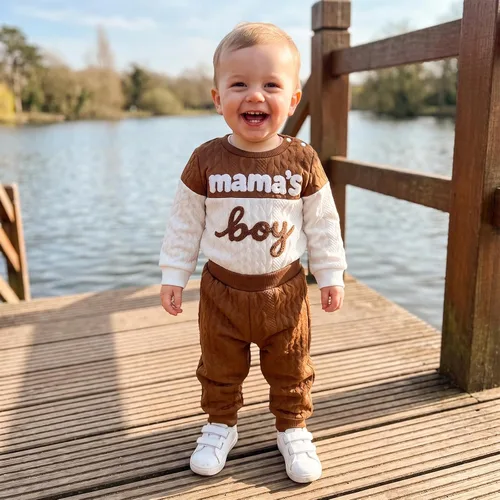 Vista 4 de Conjunto de 2 piezas de ropa para bebé niña y niño, sudadera con letras de mamá y niño, conjunto de 2 piezas White Brown
