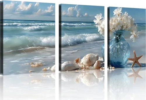 Vista 53 de TutuBeer 3 paneles de fotos de playa, arte de pared, diseño de mar azul, playa blanca al amanecer, imágenes impresas en lienzo, imágenes del océano