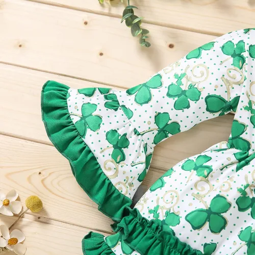 Vista 5 de TBUIALL Vestido para niña pequeña, vestido de manga acampanada con volantes para el día de San Patricio, estampado floral, lindo, suave, para niñas