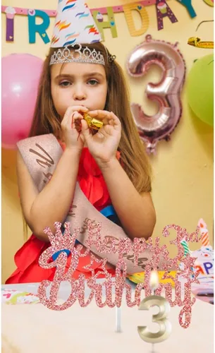 Vista 3 de Decoraciones de cumpleaños de 3 para ella – 5 regalos que incluyen corona de tercera tiara, banda, decoración de pasteles, globos, velas