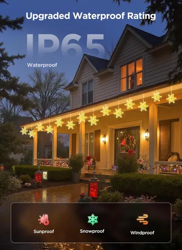 Vista 2 de Brightown - Luces colgantes inteligentes de copo de nieve, 12 pies, 96 ledes, 8 gotas, sincroniza con música, control desde la app, impermeable, más