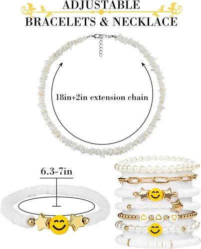 Vista 16 de Preppy Heishi - Juego de pulseras de surfista para niñas adolescentes, bonitos aretes estéticos, anillos estéticos preppy coloridos de oro blanco
