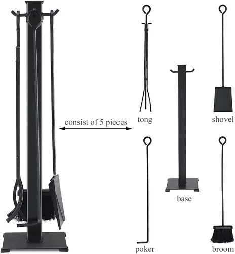 Vista 5 de IRONMAX - Juego de herramientas para chimenea de 5 piezas, accesorios modernos de hierro forjado para chimenea con póker, pala, pinzas, cepillo